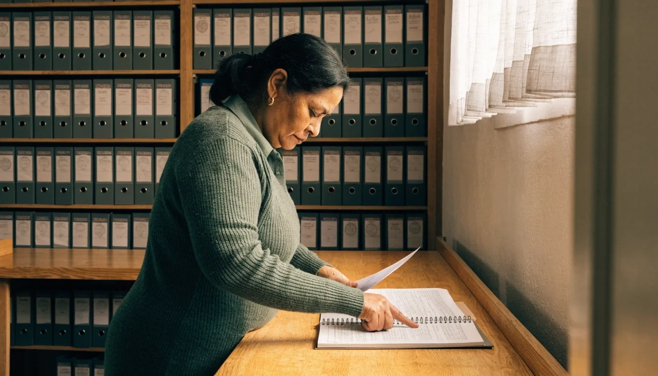 Mesa de archivo municipal con un volumen de registros territoriales abierto