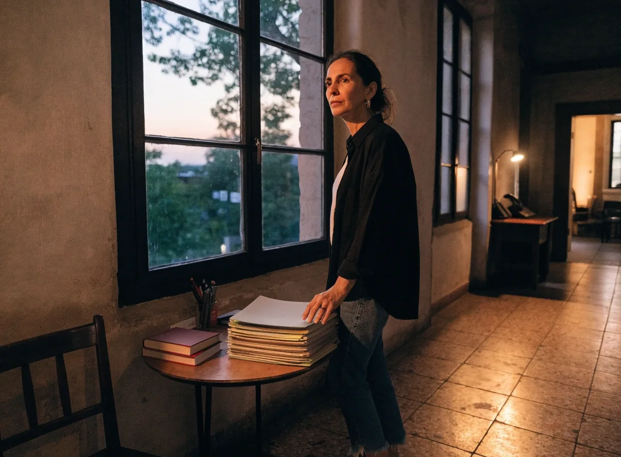 Sala de consulta en reposo, con mesas y sillas junto a la ventana al atardecer