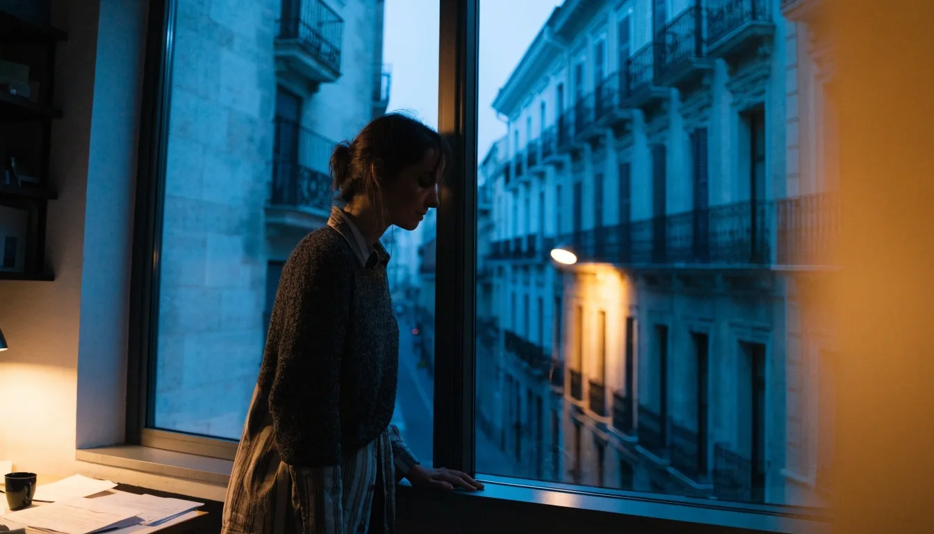Vista al atardecer sobre la calle desde la ventana de la oficina en Valencia