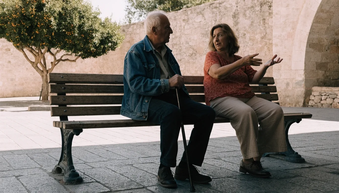 Un vecino mayor y una mujer de mediana edad paseando juntos por una calle de Valencia