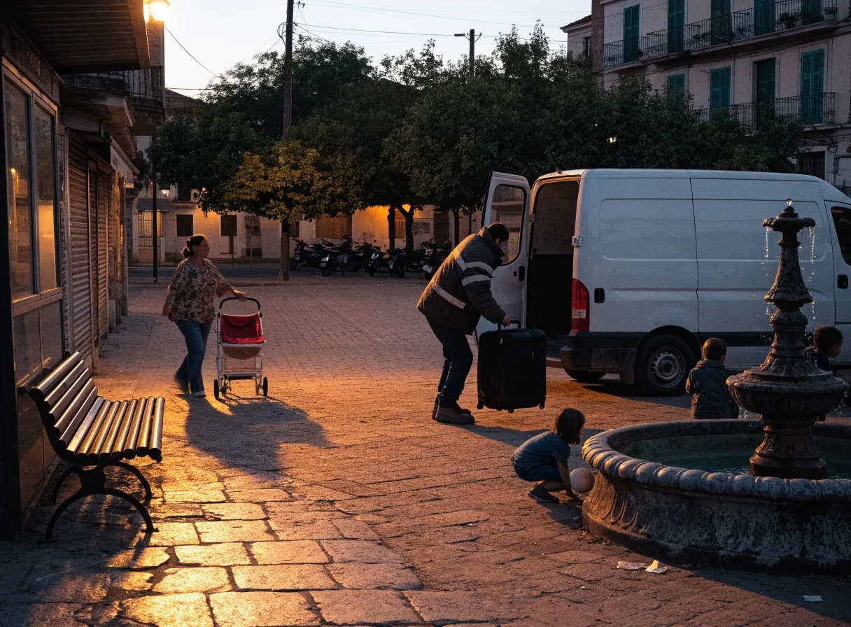 Calle de barrio español con residentes llegando y vecinos caminando al atardecer