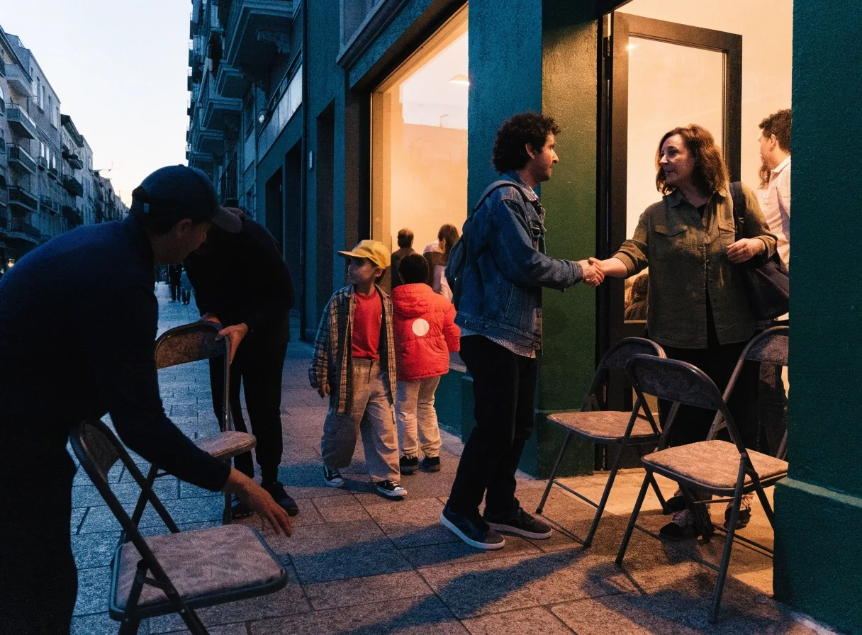 Encuentro vecinal al atardecer en una plaza española con residentes recién llegados