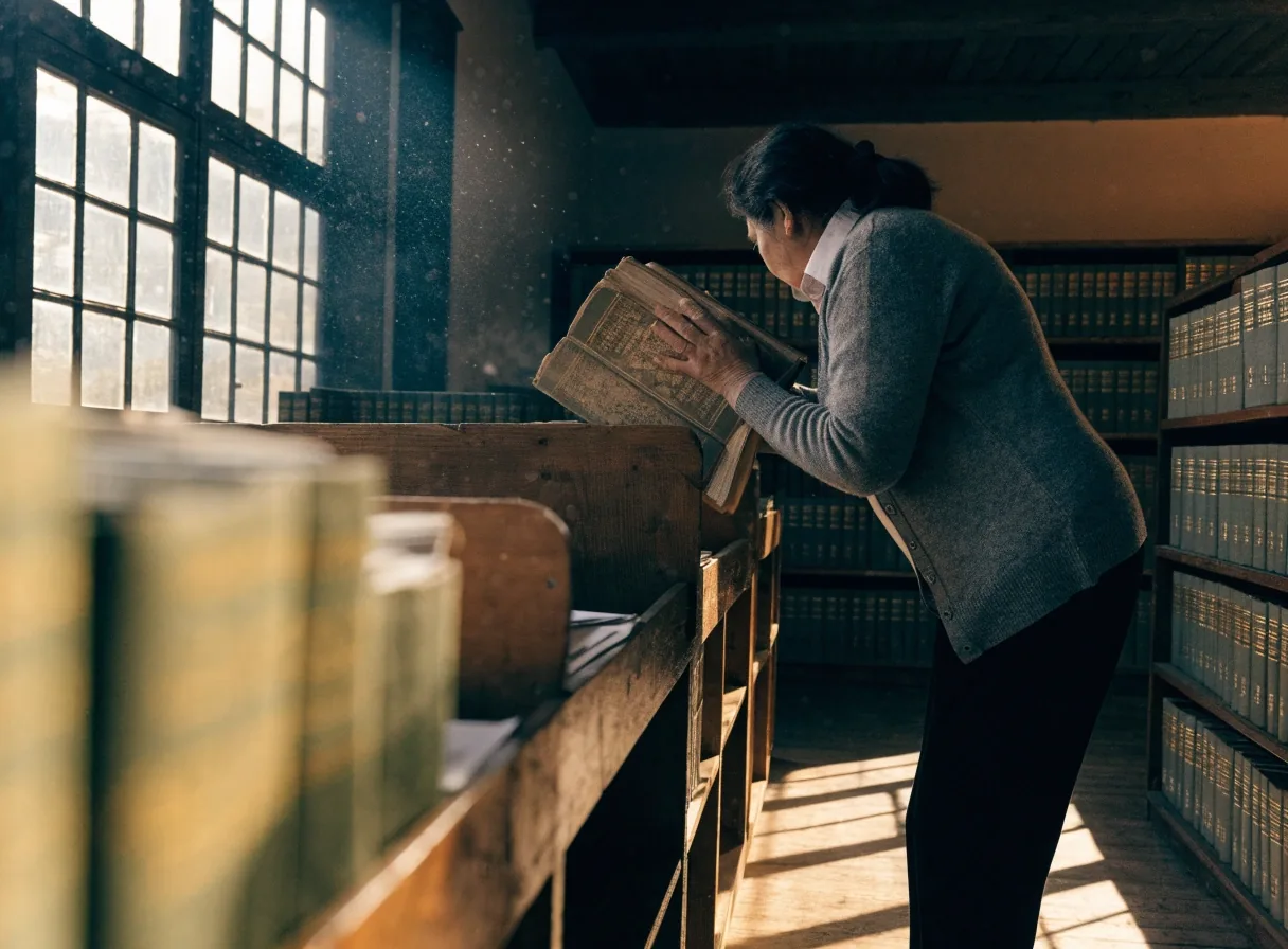 Sala de archivo con volúmenes estadísticos encuadernados consultados a primera hora