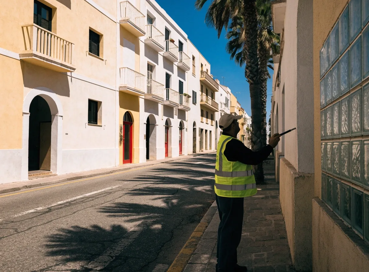 Avenida arbolada de una ciudad mediterránea española a mediodía, con fachadas y peatones
