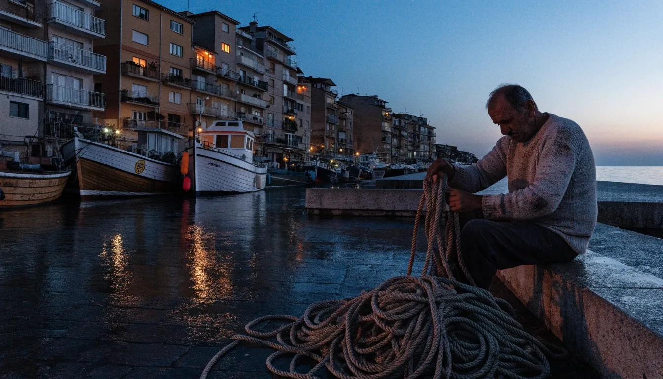 Ciudad costera mediterránea española al anochecer, con puerto y edificios densos junto al mar