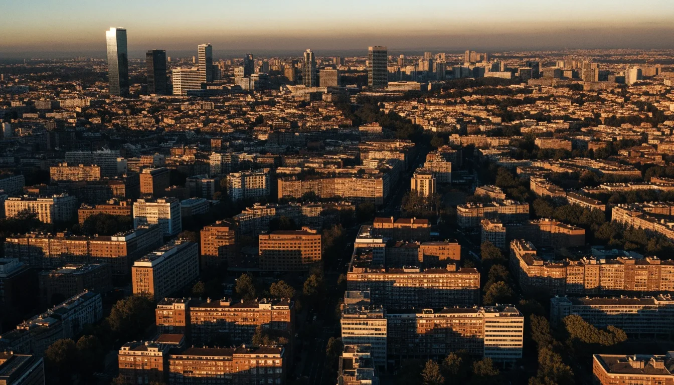 Panorámica de la gran concentración urbana de Madrid al atardecer, con edificios densos hasta el horizonte