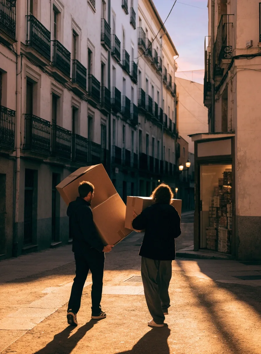 Personas con cajas de mudanza en una calle de barrio de Madrid a la luz dorada