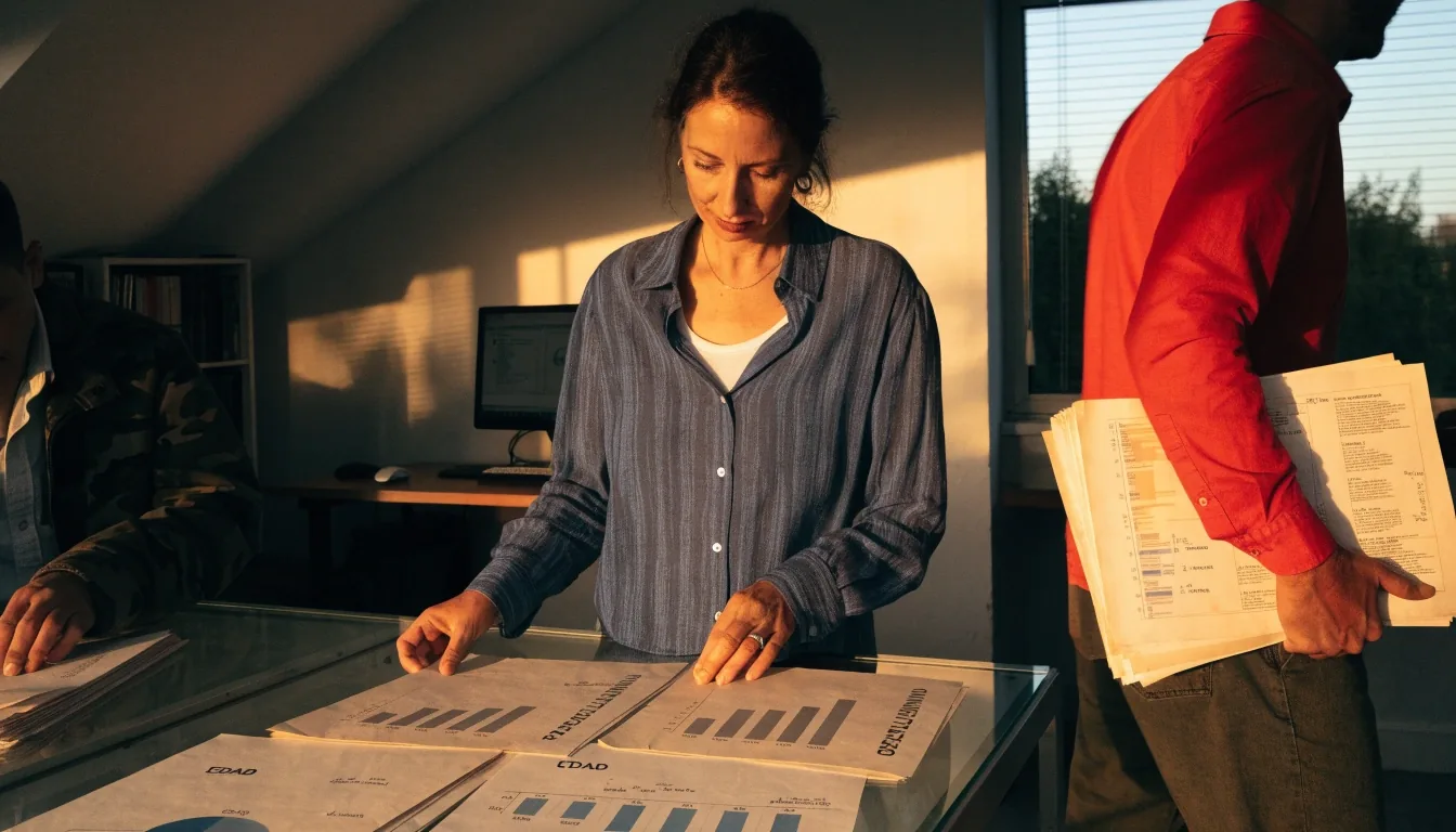 Sala de oficina estadística al atardecer con dos personas revisando gráficos impresos de población regional