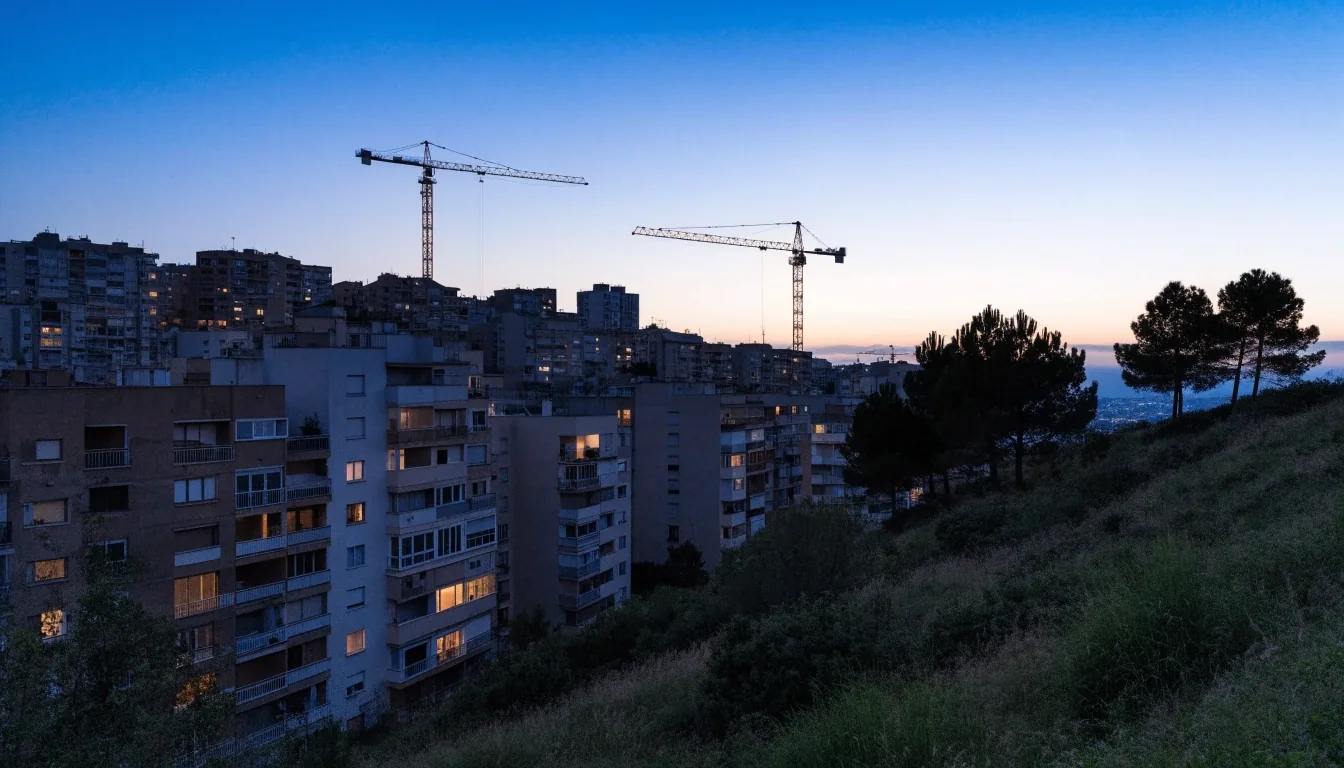 Vista de una ciudad española al anochecer desde una colina residencial, con grúas y luces encendidas
