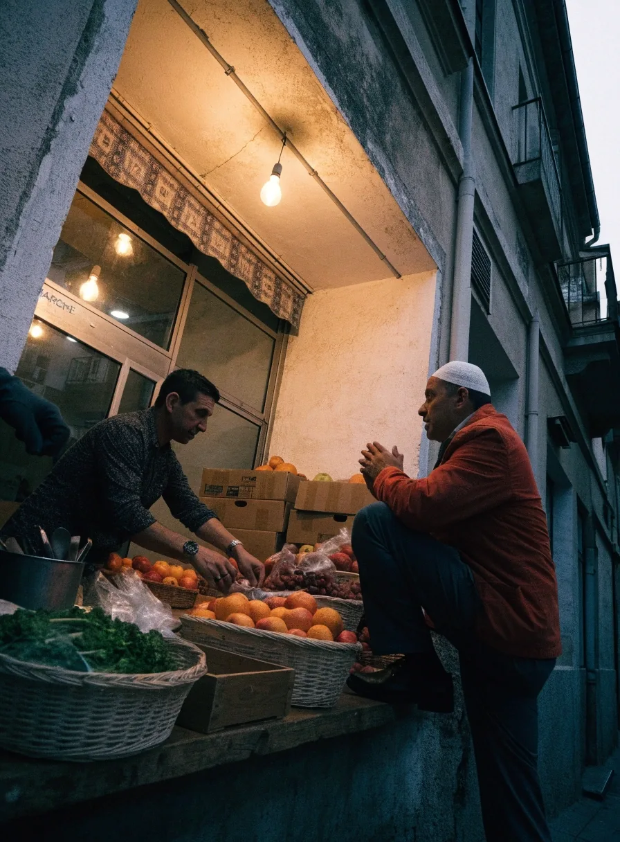 Barrio español al atardecer con comercios de barrio y vecinos conversando en la acera