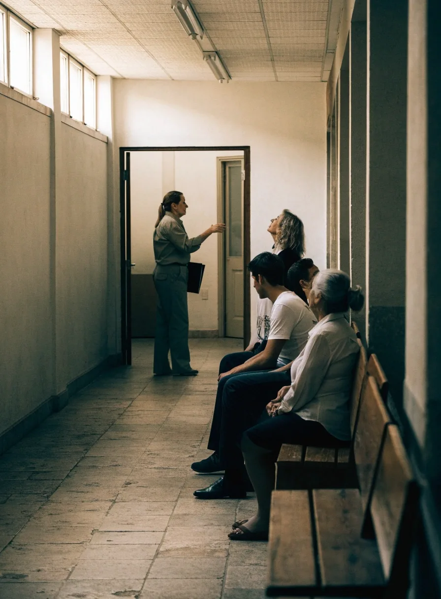 Sala de espera de una oficina administrativa española con personas sentadas en bancos