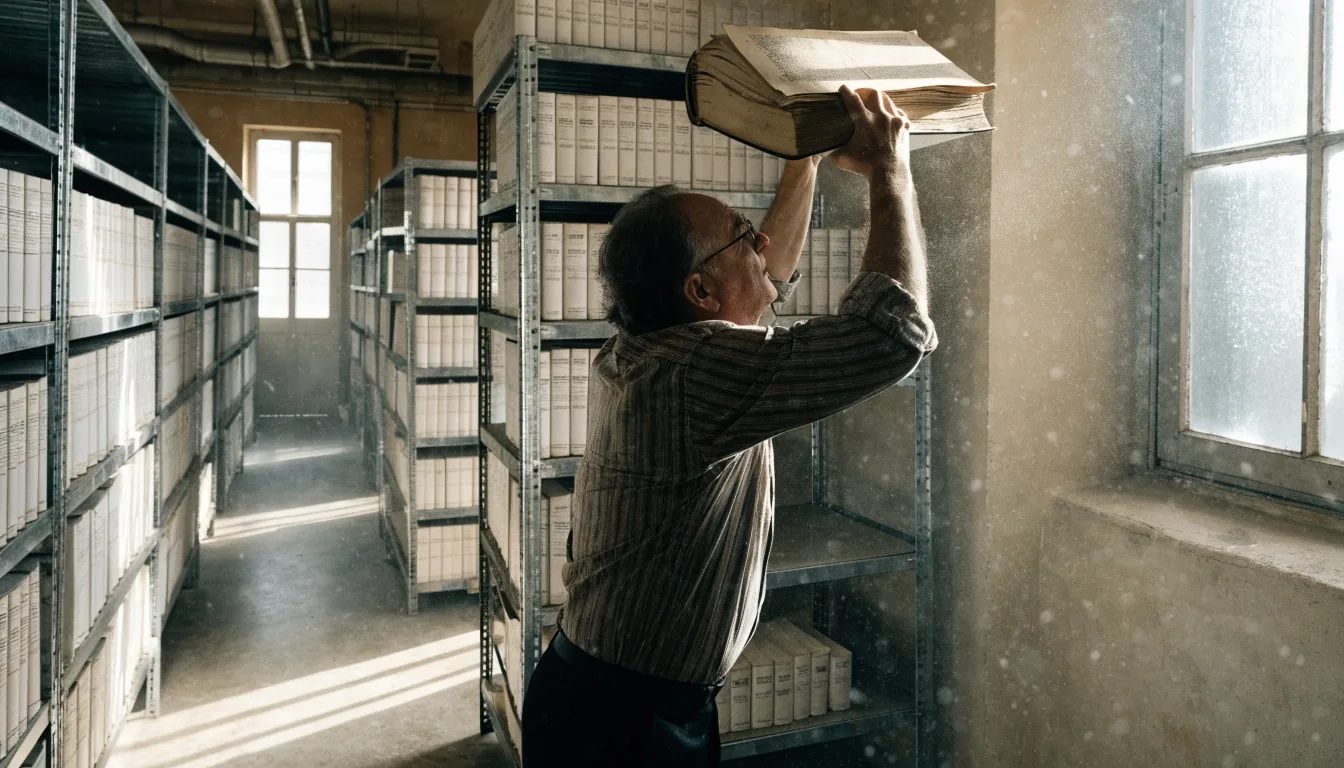 Manos pasando las páginas de un anuario estadístico impreso sobre una mesa de biblioteca