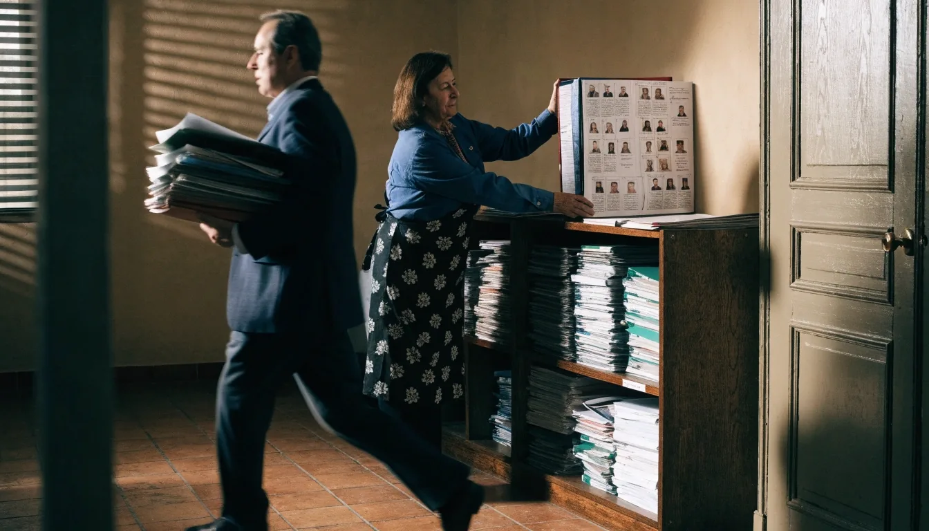 Sala de consulta de un centro de documentación estadística en España, con visitantes leyendo boletines de población sobre una mesa larga