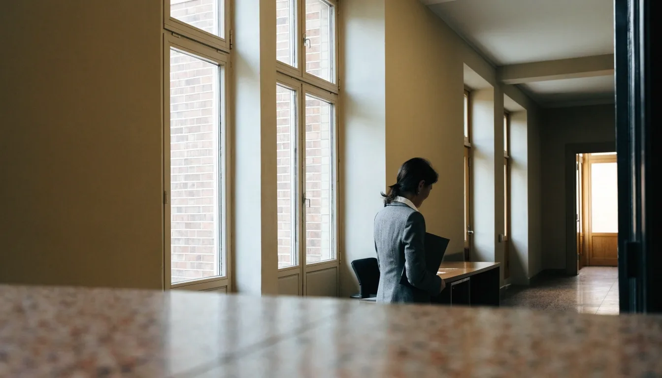 Fachada de un edificio administrativo español con ventanas en hilera bajo luz de tarde