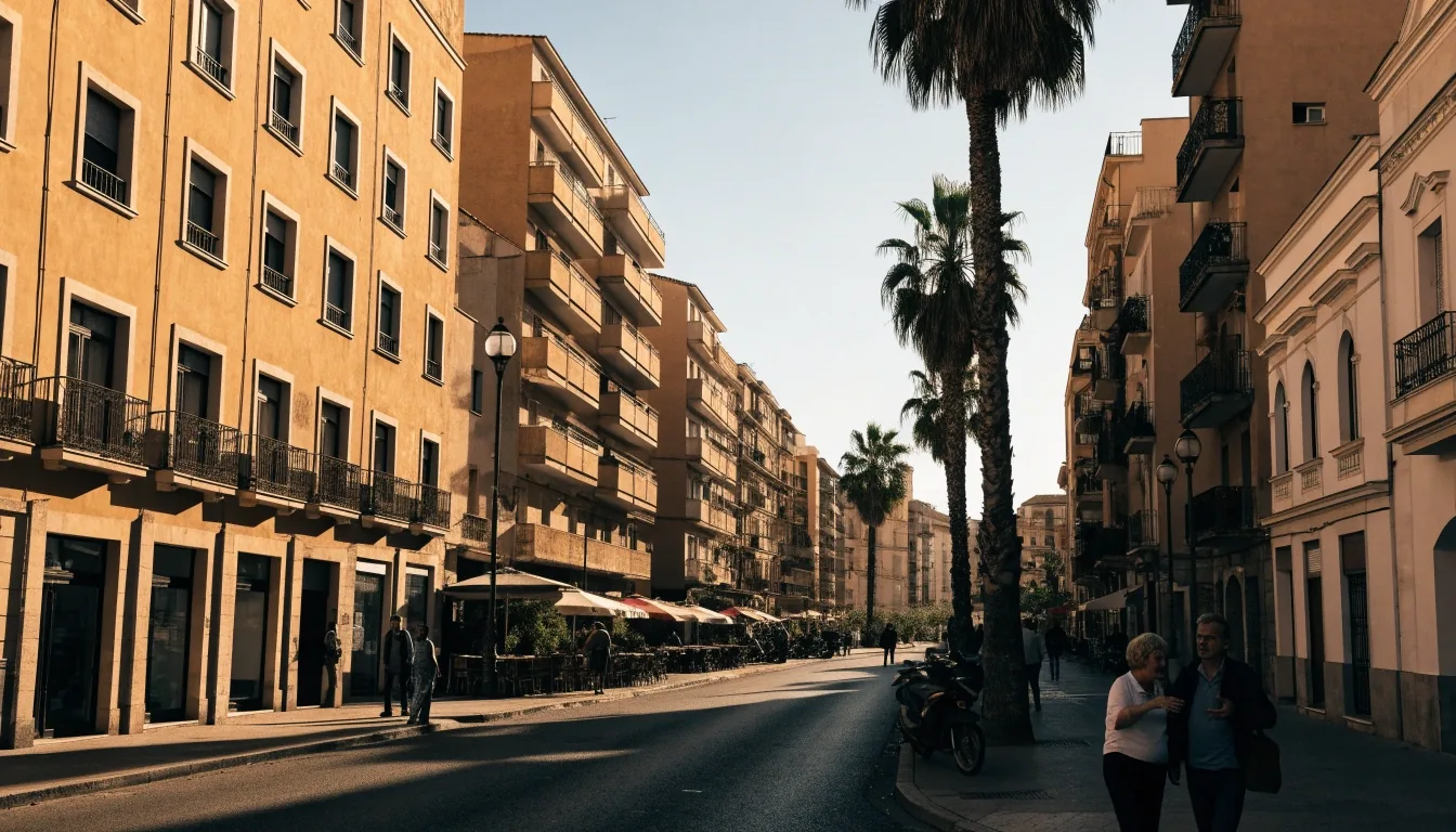 Avenida de una ciudad mediana del sureste español por la tarde