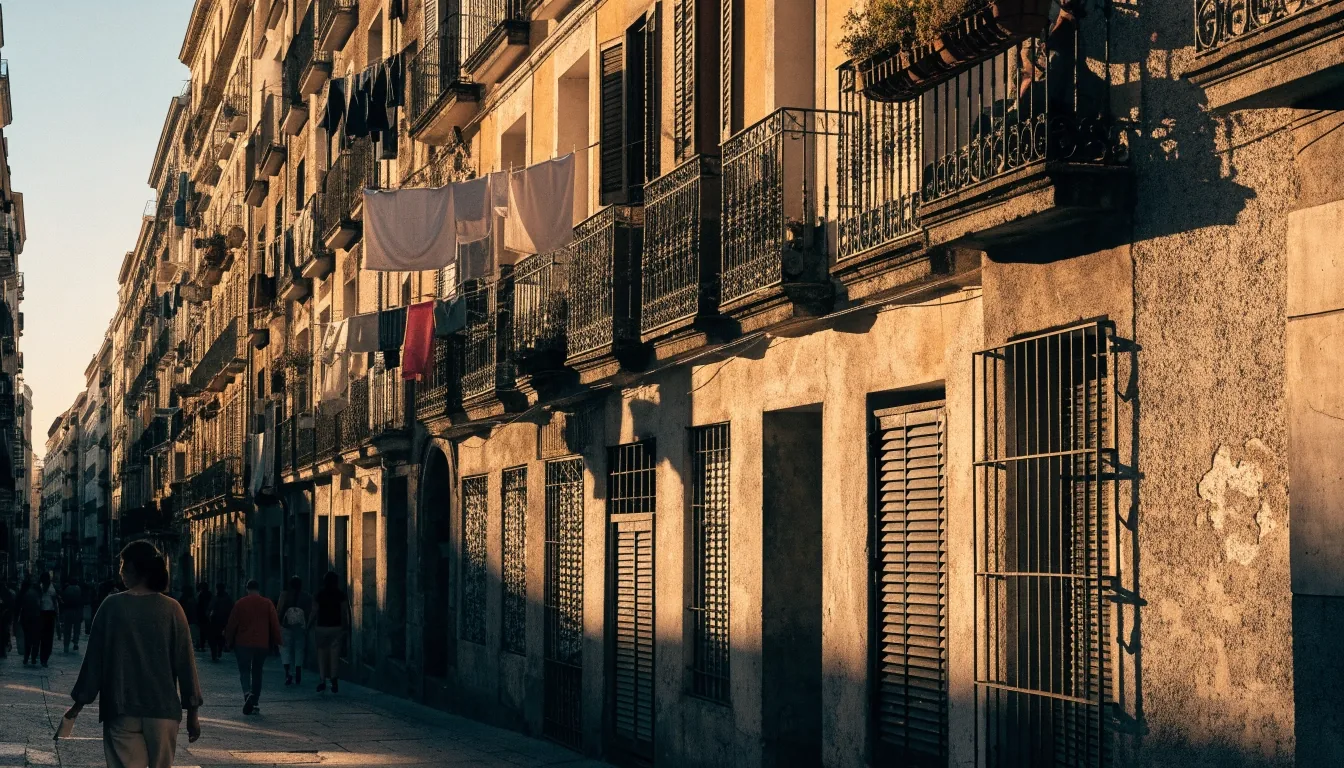 Calle de una ciudad española densamente poblada al atardecer