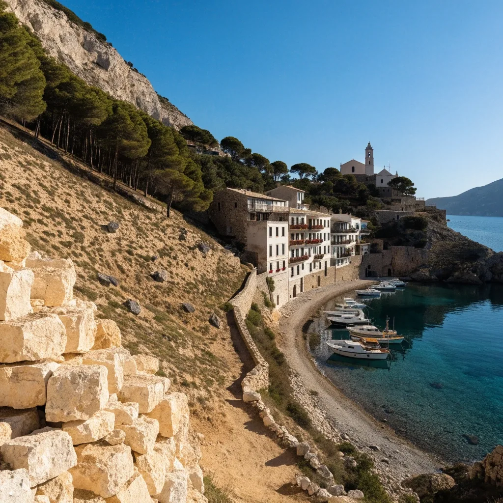 Pueblo costero de las Islas Baleares visto desde una ladera