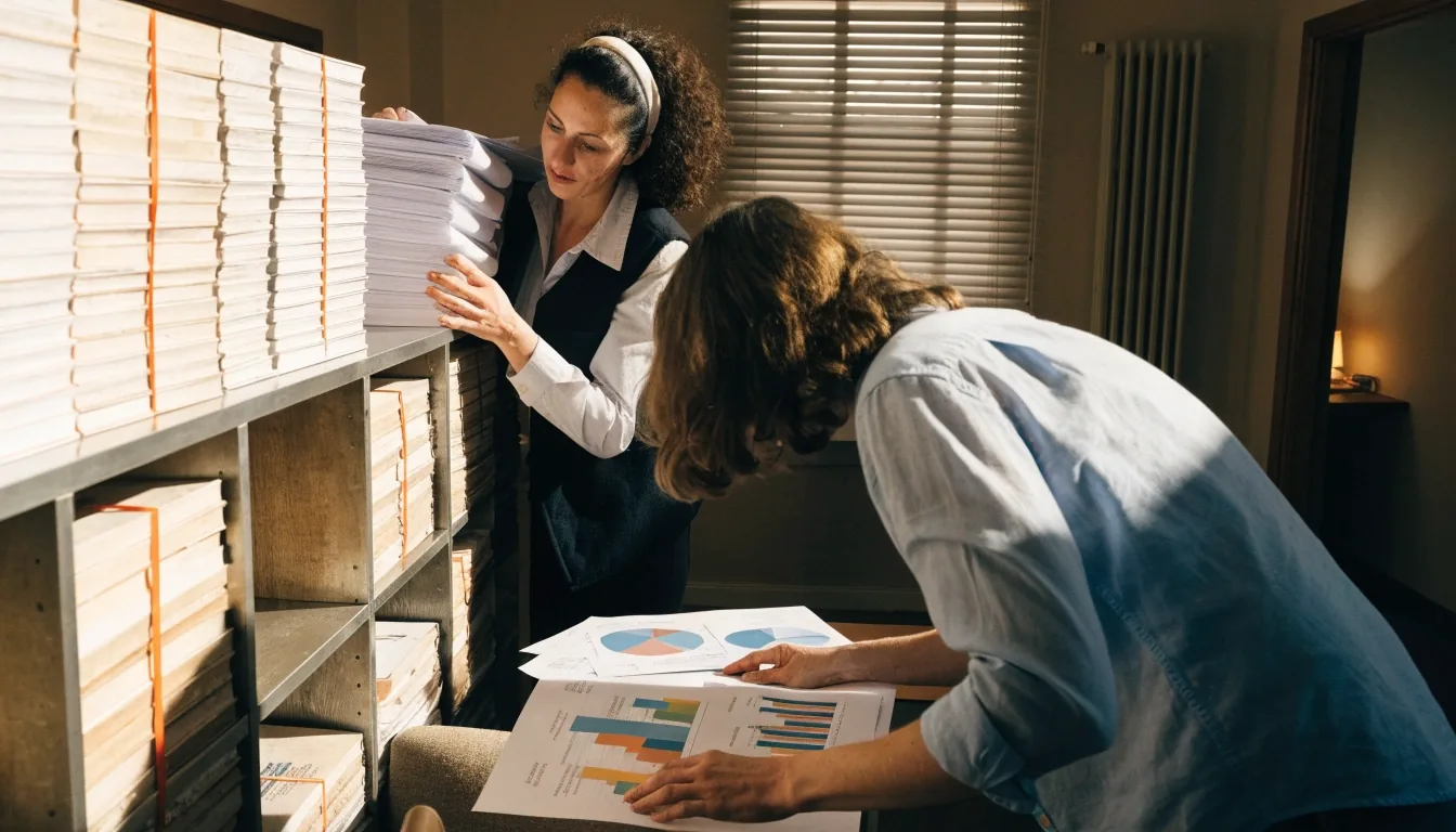 Mesas de trabajo con tablas demográficas trimestrales impresas y gafas de lectura en la oficina editorial